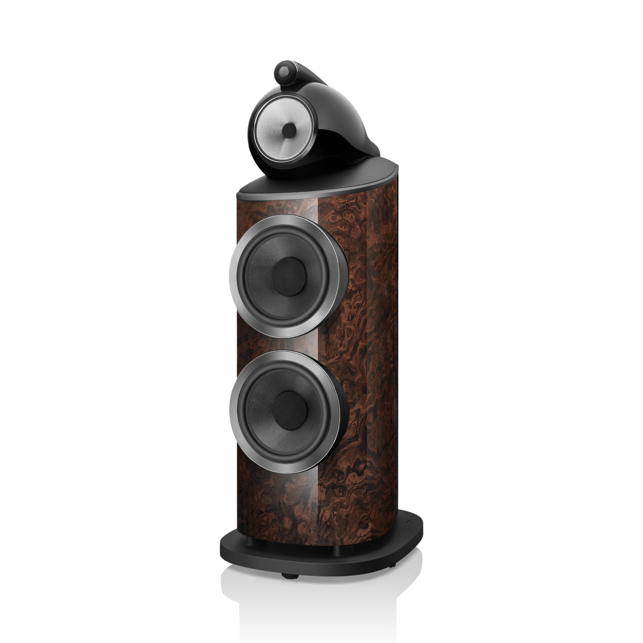 Wooden speaker with black and silver design on a white background