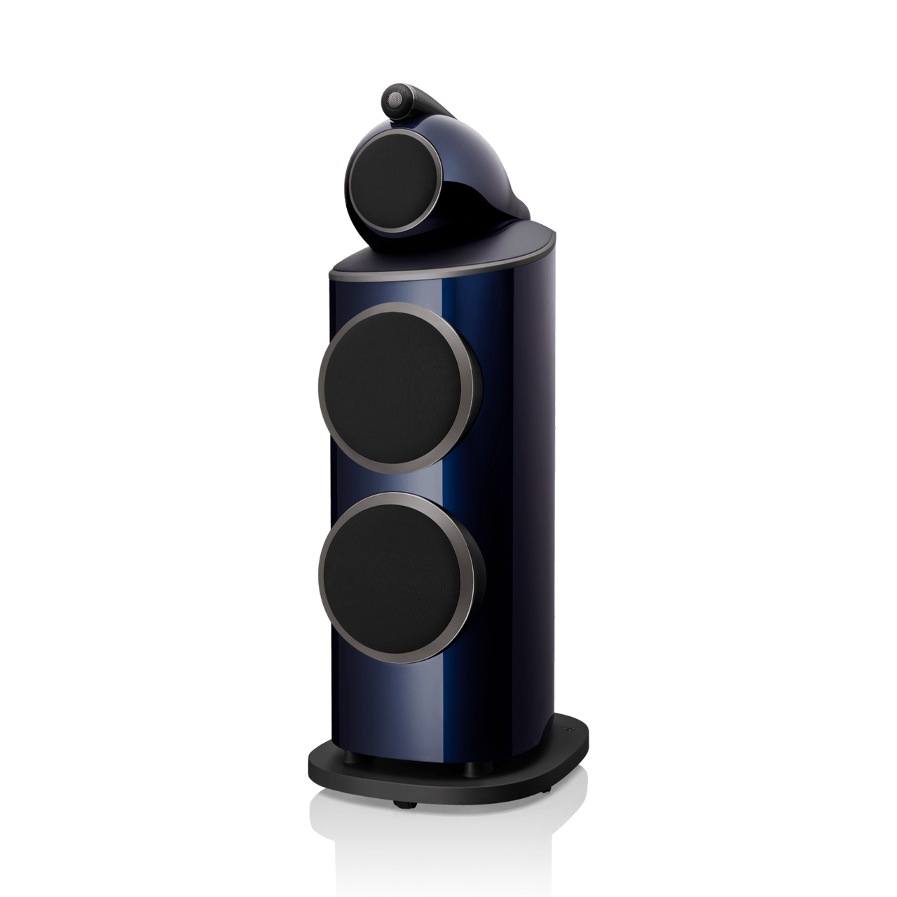 Blue and black cylindrical speaker on a white background