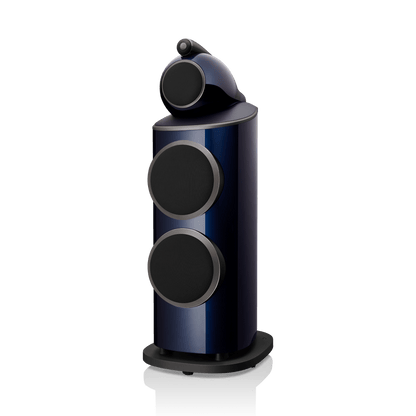Blue and black cylindrical speaker on a white background