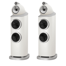 white pair of bowers wilkins 802 d5 speakers