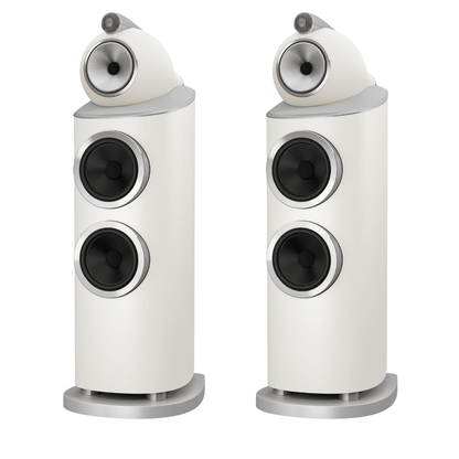 white pair of bowers wilkins 802 d5 speakers