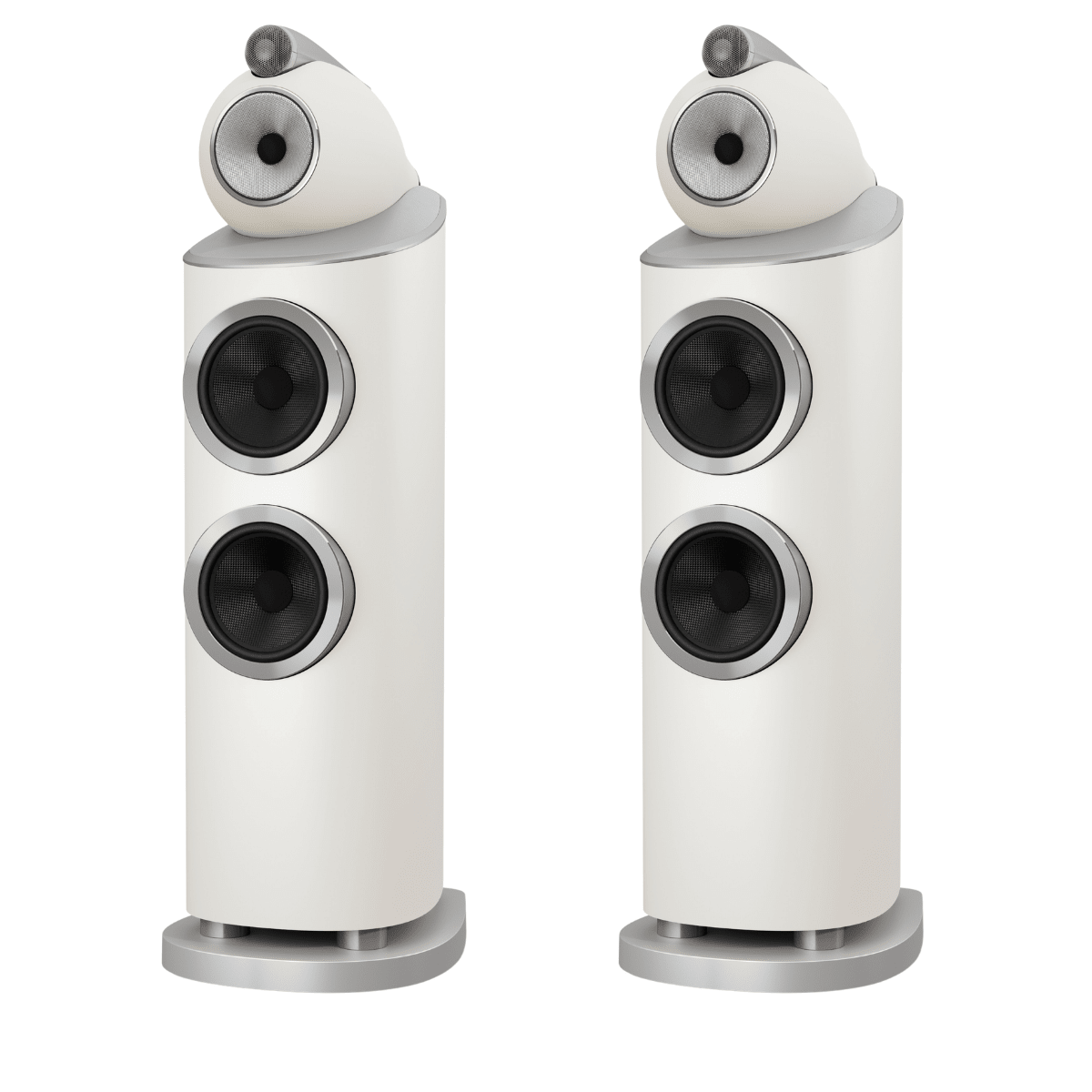 pair of white Bowers Wilkins 803 D5 speakers