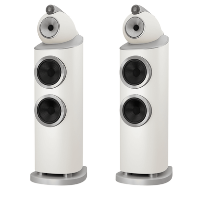 pair of white Bowers Wilkins 803 D5 speakers