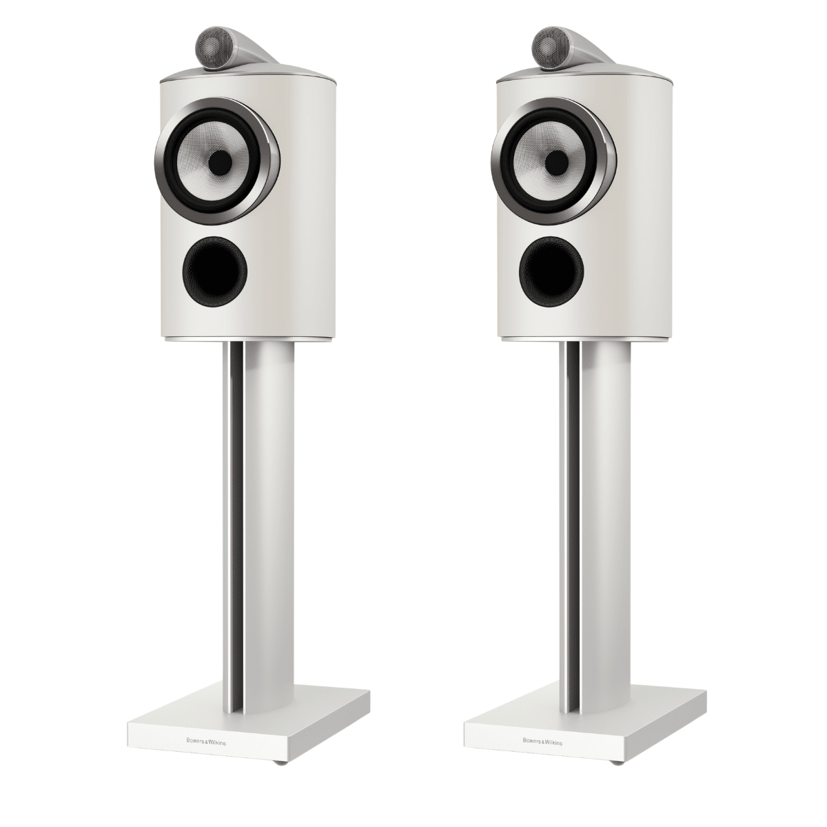 pair of white bowers wilkins 805 d5 speakers