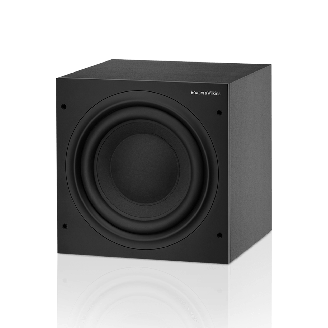 Black subwoofer with 'Bowers & Wilkins' branding on a white background