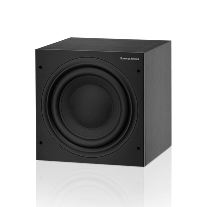 Black subwoofer with 'Bowers & Wilkins' branding on a white background