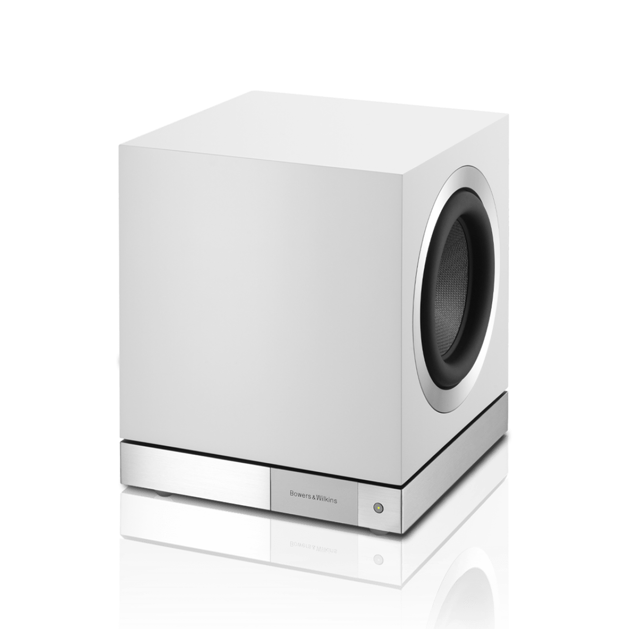 White subwoofer with visible brand logo on a white background