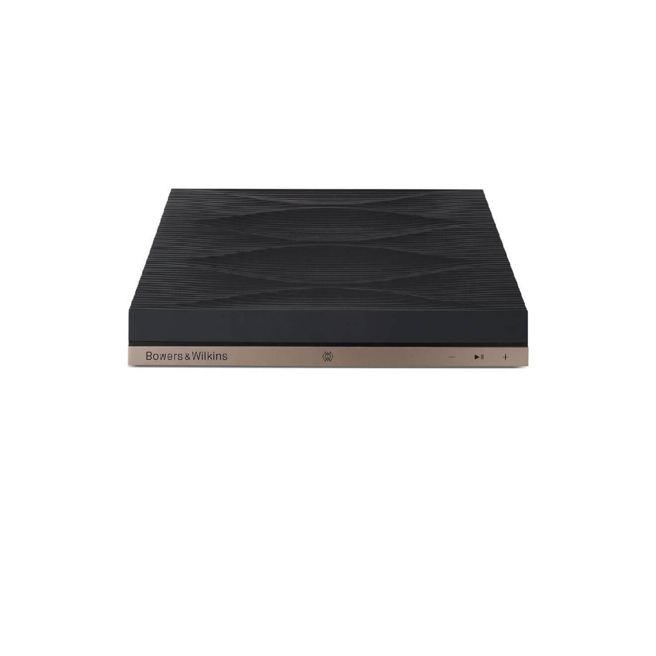 Black electronic device with 'Bowers & Wilkins' branding on a white background