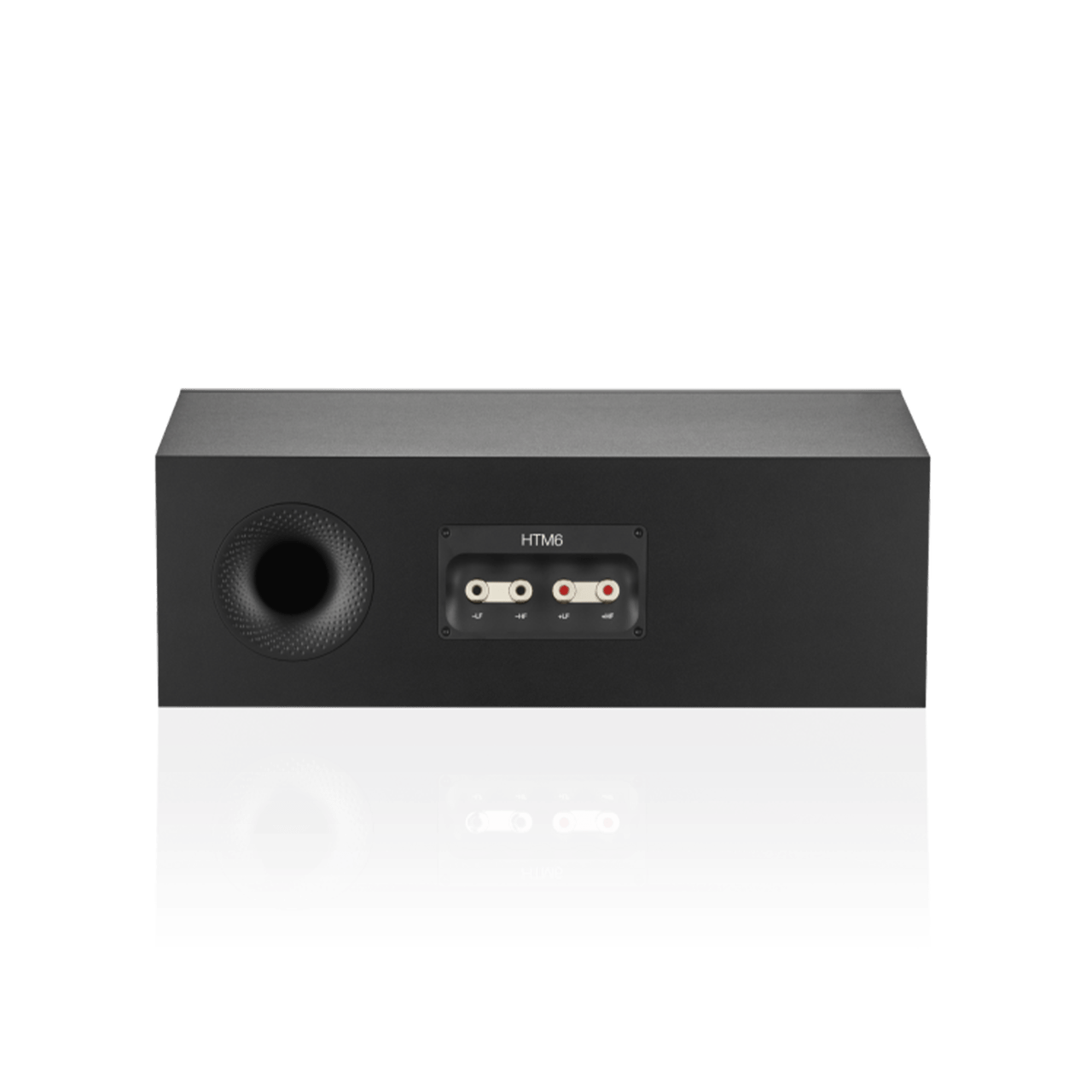 Black audio speaker with connectivity ports on a white background