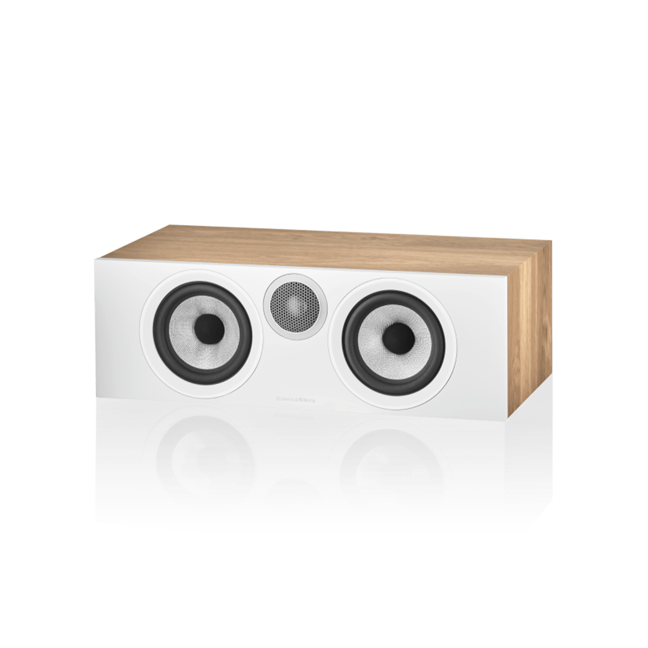 Oak channel speaker with wooden finish on a white background