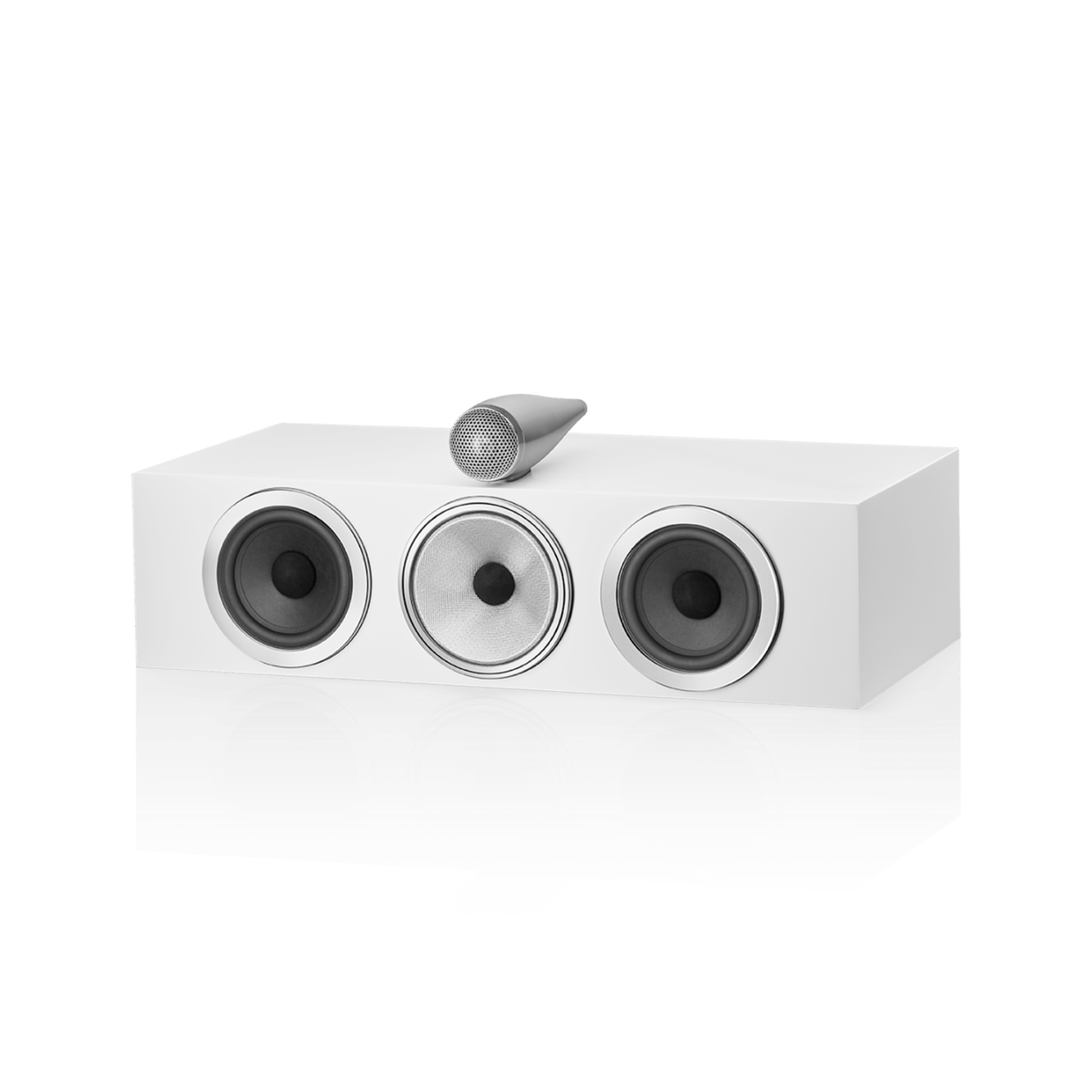 White three-speaker audio system on a white background