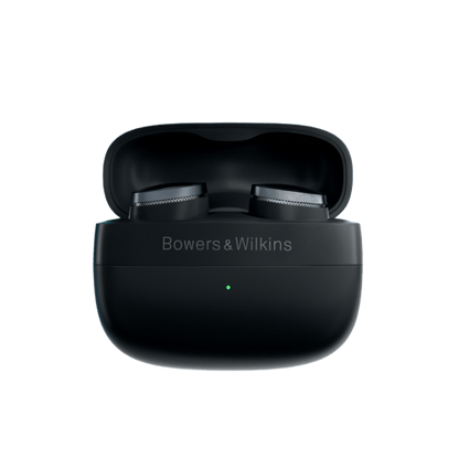 Black wireless earbuds in a charging case with 'Bowers & Wilkins' branding on a white background.