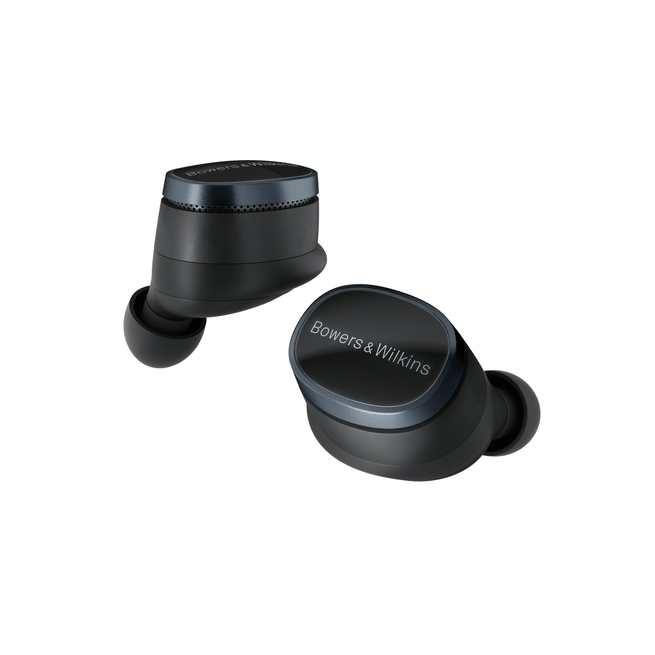 Black wireless earbuds with 'Bowers & Wilkins' branding on a white background