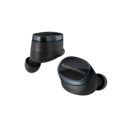Black wireless earbuds with 'Bowers & Wilkins' branding on a white background