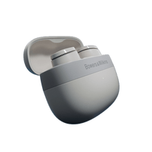 Gray wireless earbuds in charging case with 'Bowers & Wilkins' branding on a white background