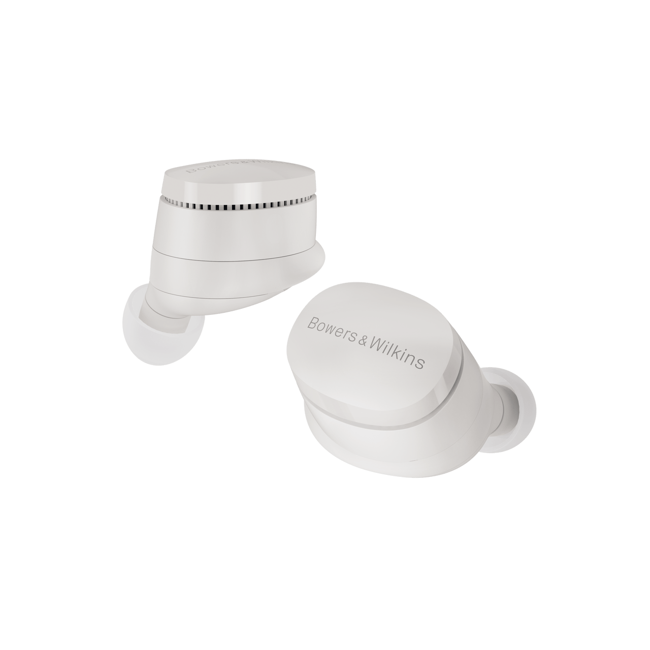 White wireless earbuds with charging case on a white background, featuring the Bowers & Wilkins logo.