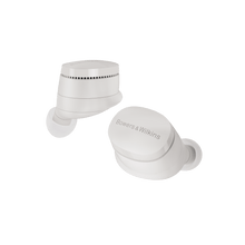 White wireless earbuds with charging case on a white background, featuring the Bowers & Wilkins logo.