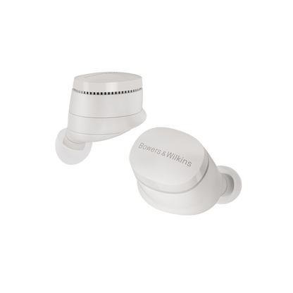 White wireless earbuds with charging case on a white background, featuring the Bowers & Wilkins logo.