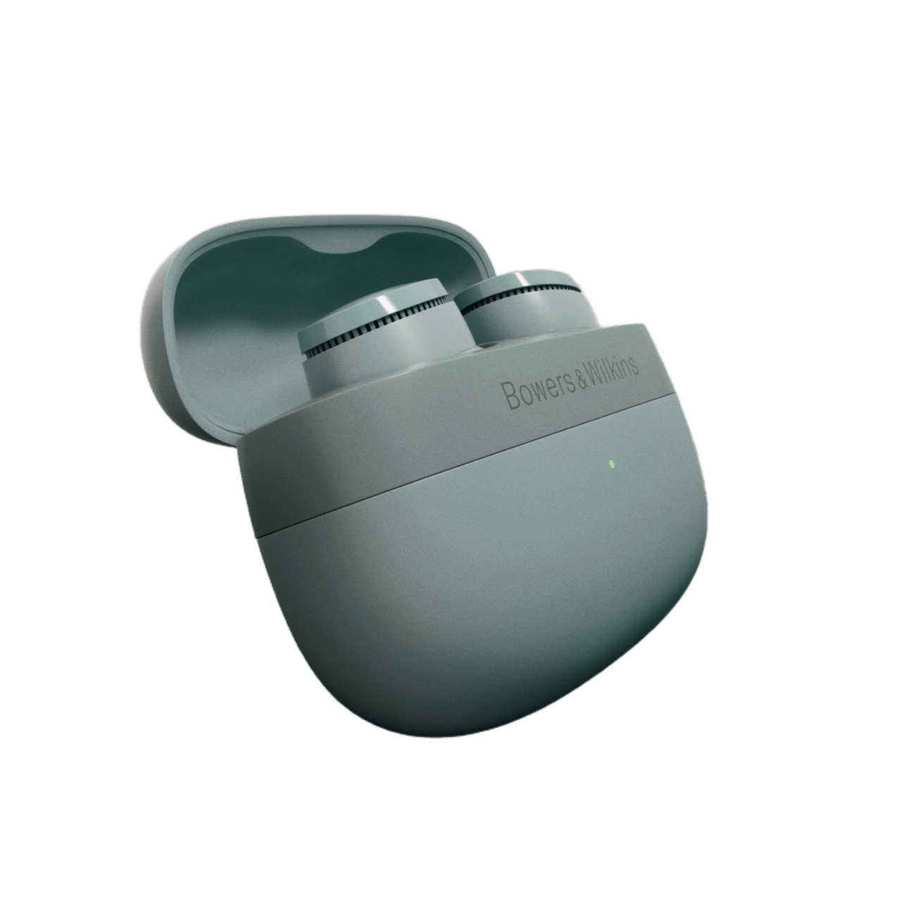 Green wireless earbuds in charging case on a white background