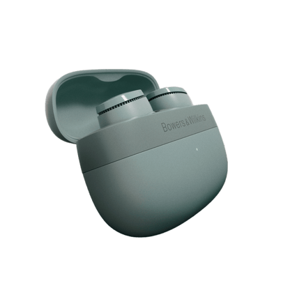 Green wireless earbuds in charging case on a white background