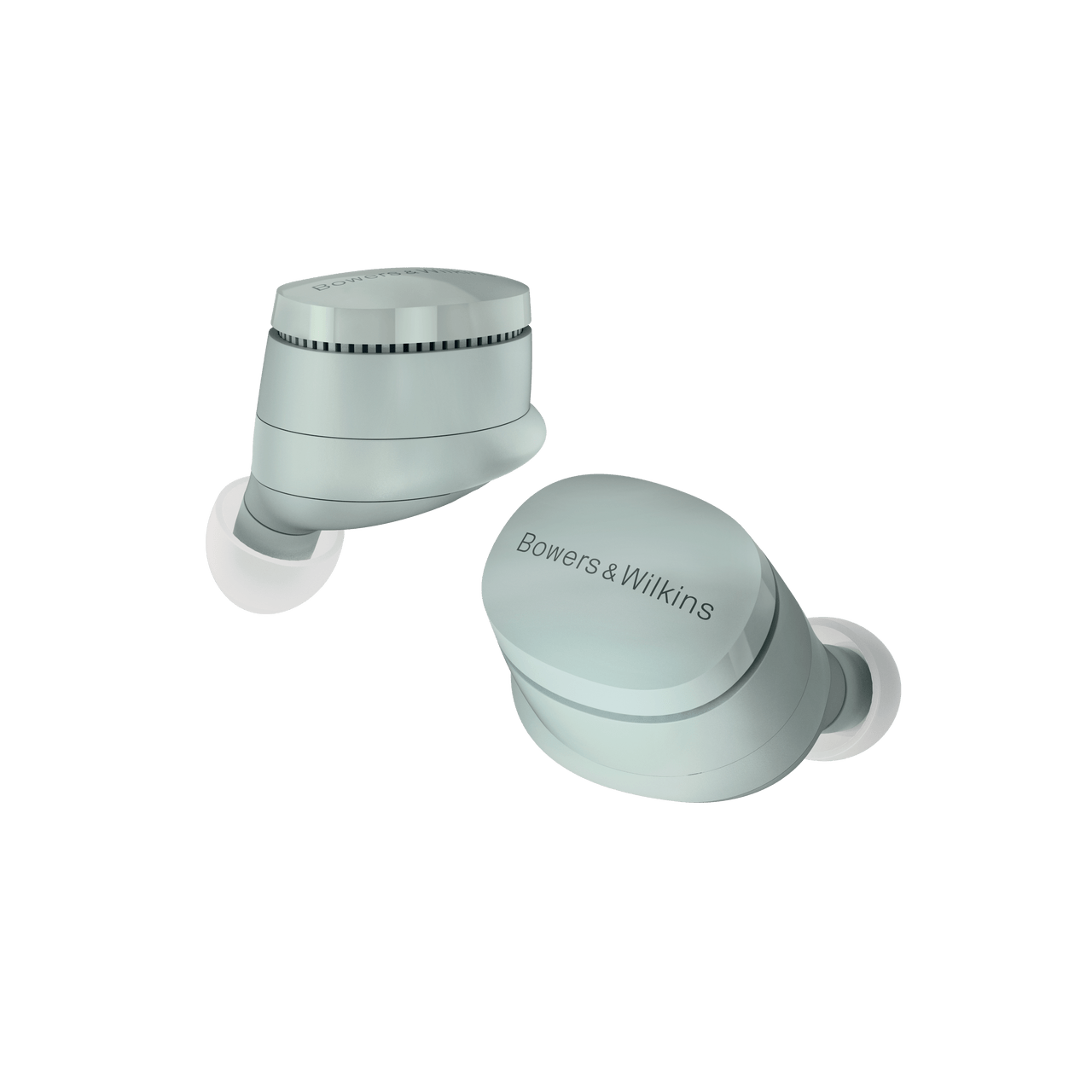 Pair of Bowers & Wilkins wireless earbuds on a white background