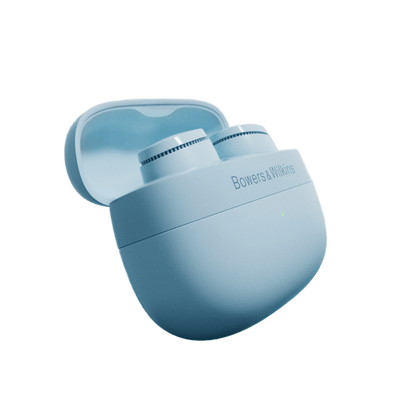 Blue wireless earbuds in charging case with 'Bowers & Wilkins' branding on a white background