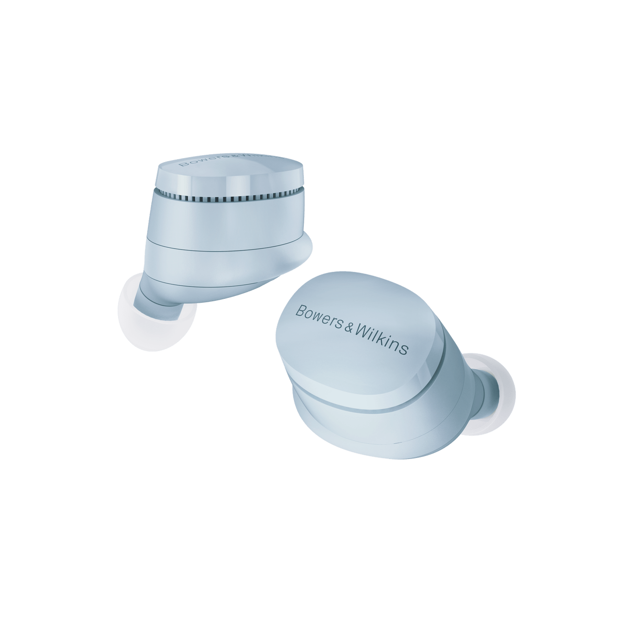 Pair of blue wireless earbuds with 'Bowers & Wilkins' branding on a white background