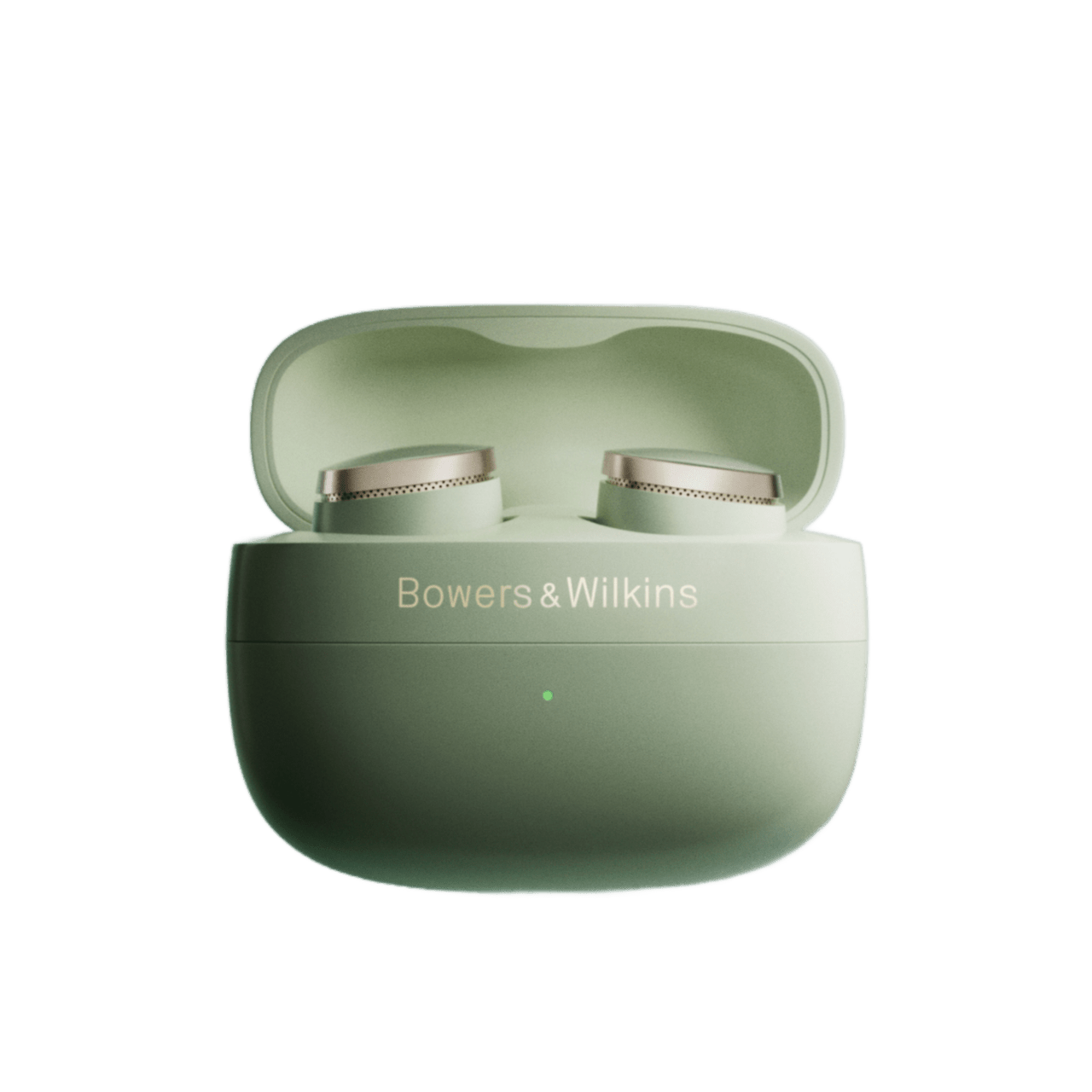 Green wireless earbuds in charging case with 'Bowers & Wilkins' branding on a white background