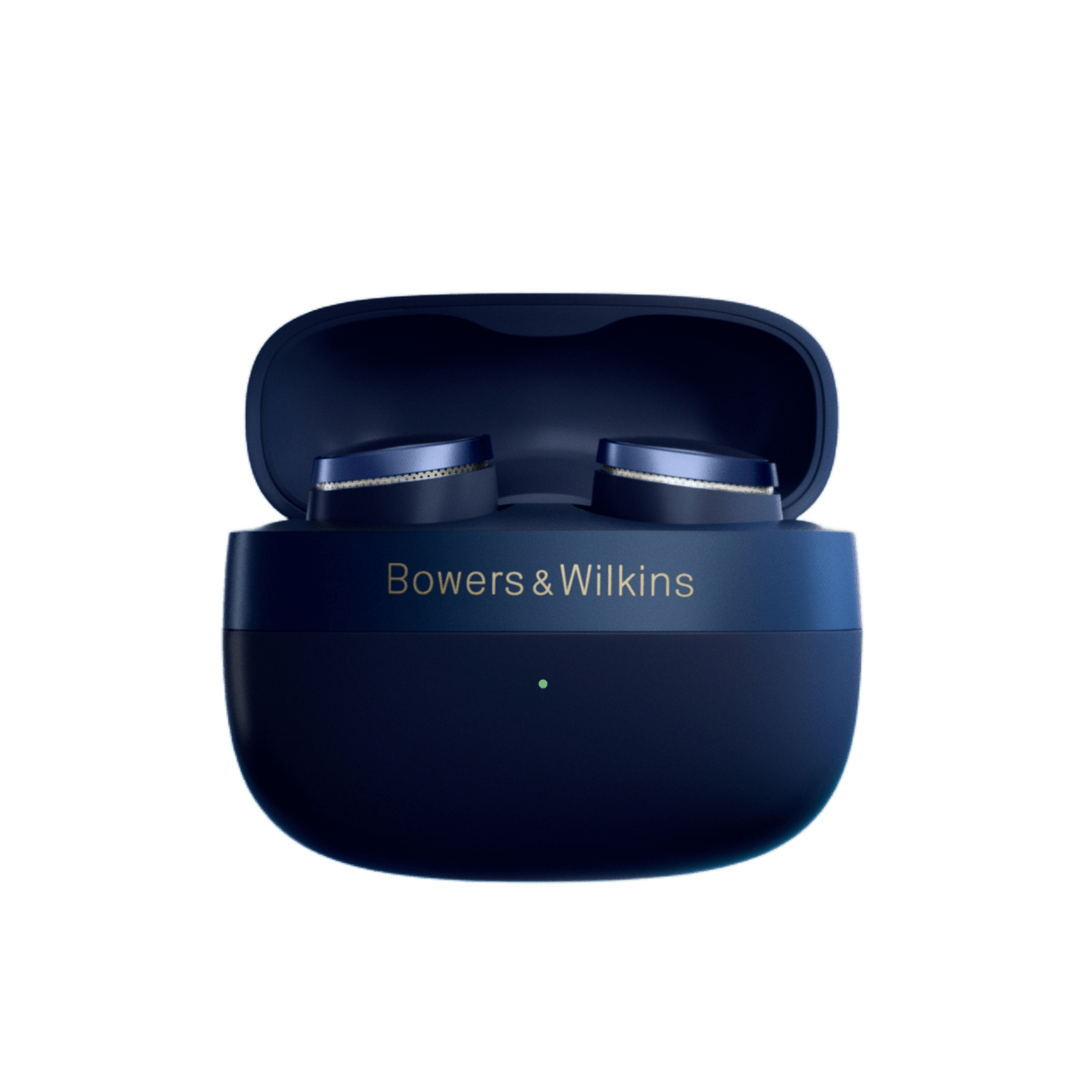 Navy blue Bowers & Wilkins earbuds in charging case on a white background