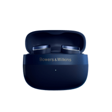 Navy blue Bowers & Wilkins earbuds in charging case on a white background
