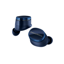 Blue wireless earbuds with 'Bowers & Wilkins' branding on a white background