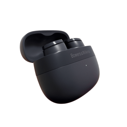 Black wireless earbuds in a charging case on a white background