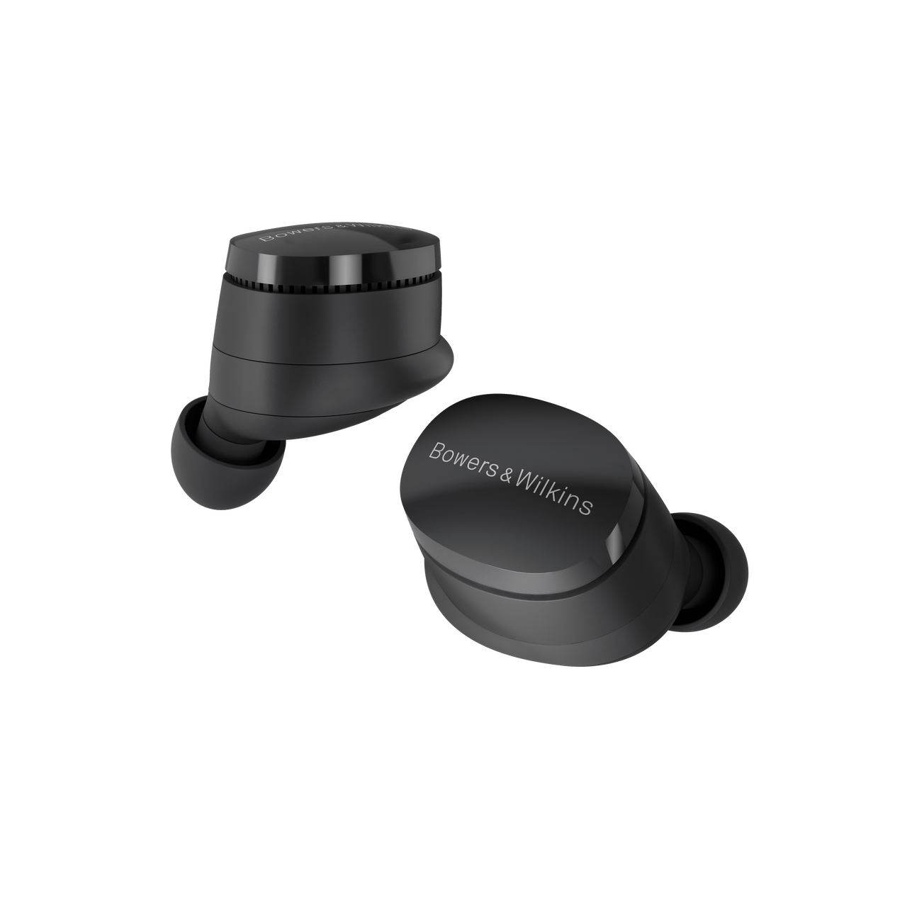 Black wireless earbuds with 'Bowers & Wilkins' branding on a white background