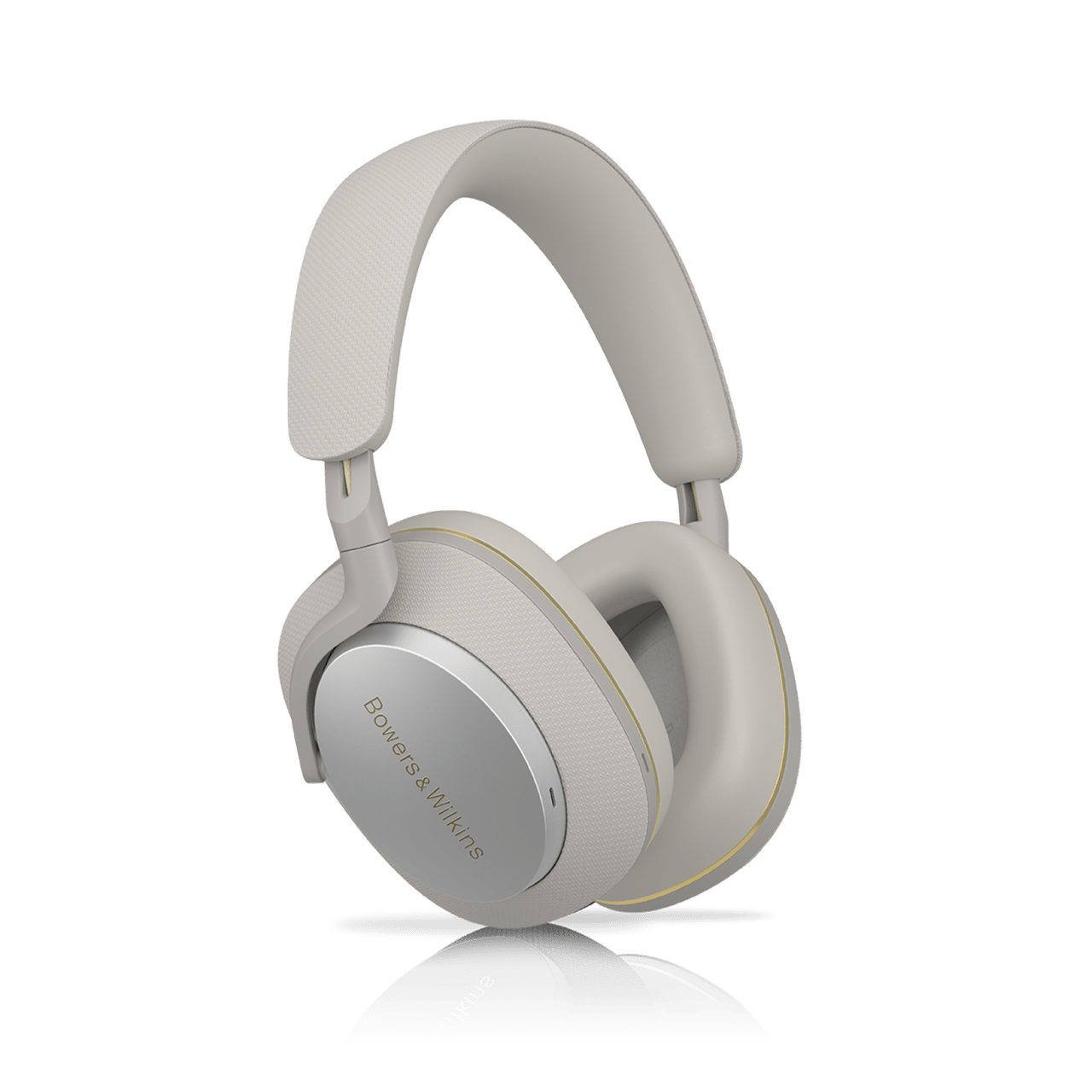Gray headphones with 'Bowers & Wilkins' branding on a white background