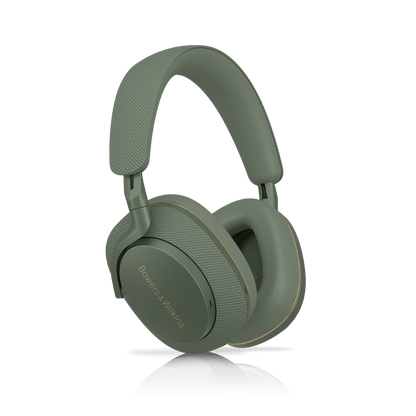 Green headphones on a white background