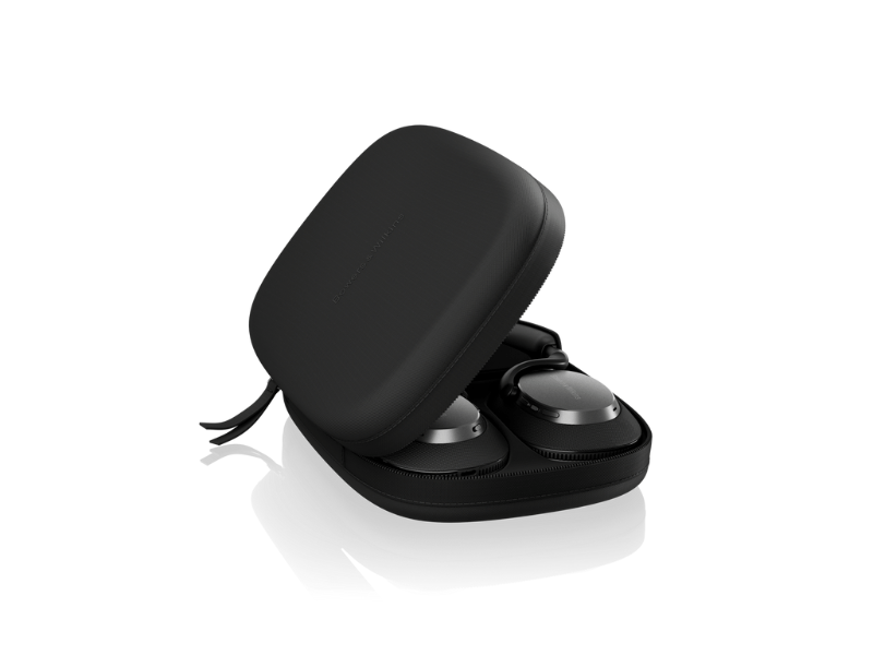 Black earbud case with wireless earbuds on a white background