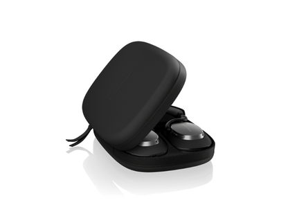 Black earbud case with wireless earbuds on a white background