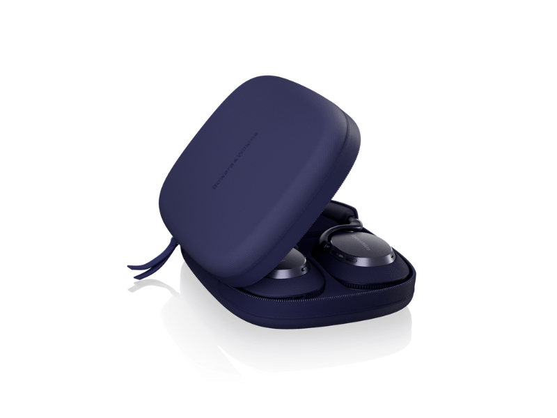 Navy blue case with a pair of wireless earbuds on a white background