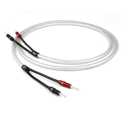 Chord Company ClearwayX speaker cable terminated pair with red and black ChordOhmic banana plugs, coiled on white background