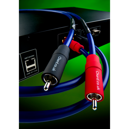 Chord ClearwayX ARAY RCA interconnect with red and black RCA plugs connected to the rear panel of an audio component