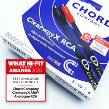 Chord ClearwayX ARAY Analogue RCA retail box with What Hi-Fi? Awards 2026 Best Analogue Interconnect badge