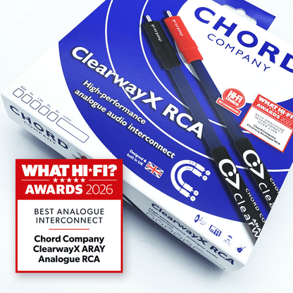 Chord ClearwayX ARAY Analogue RCA retail box with What Hi-Fi? Awards 2026 Best Analogue Interconnect badge