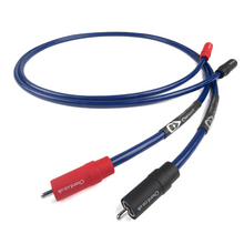 Chord Company ClearwayX ARAY Analogue RCA to RCA interconnect with blue cable, red and black VEE3 RCA plugs, on white background