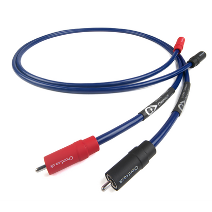 Chord Company ClearwayX ARAY Analogue RCA to RCA interconnect with blue cable, red and black VEE3 RCA plugs, on white background