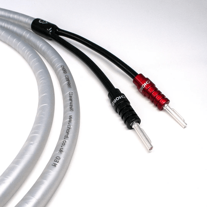 Close-up of Chord ClearwayX speaker cable showing the printed translucent outer jacket and red and black ChordOhmic banana plugs
