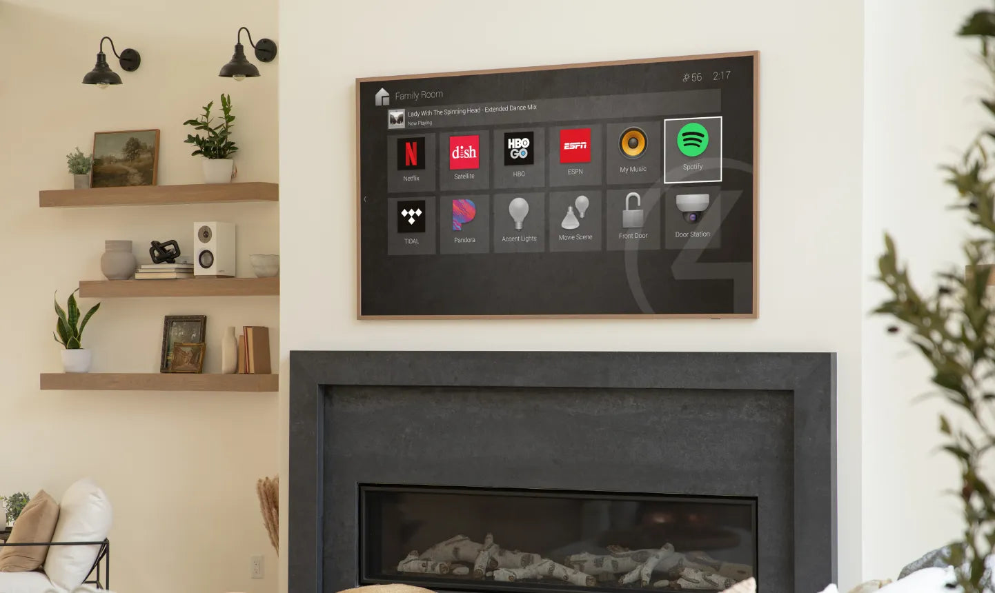 tv with a beige frame mounted on wall with apps on the screen