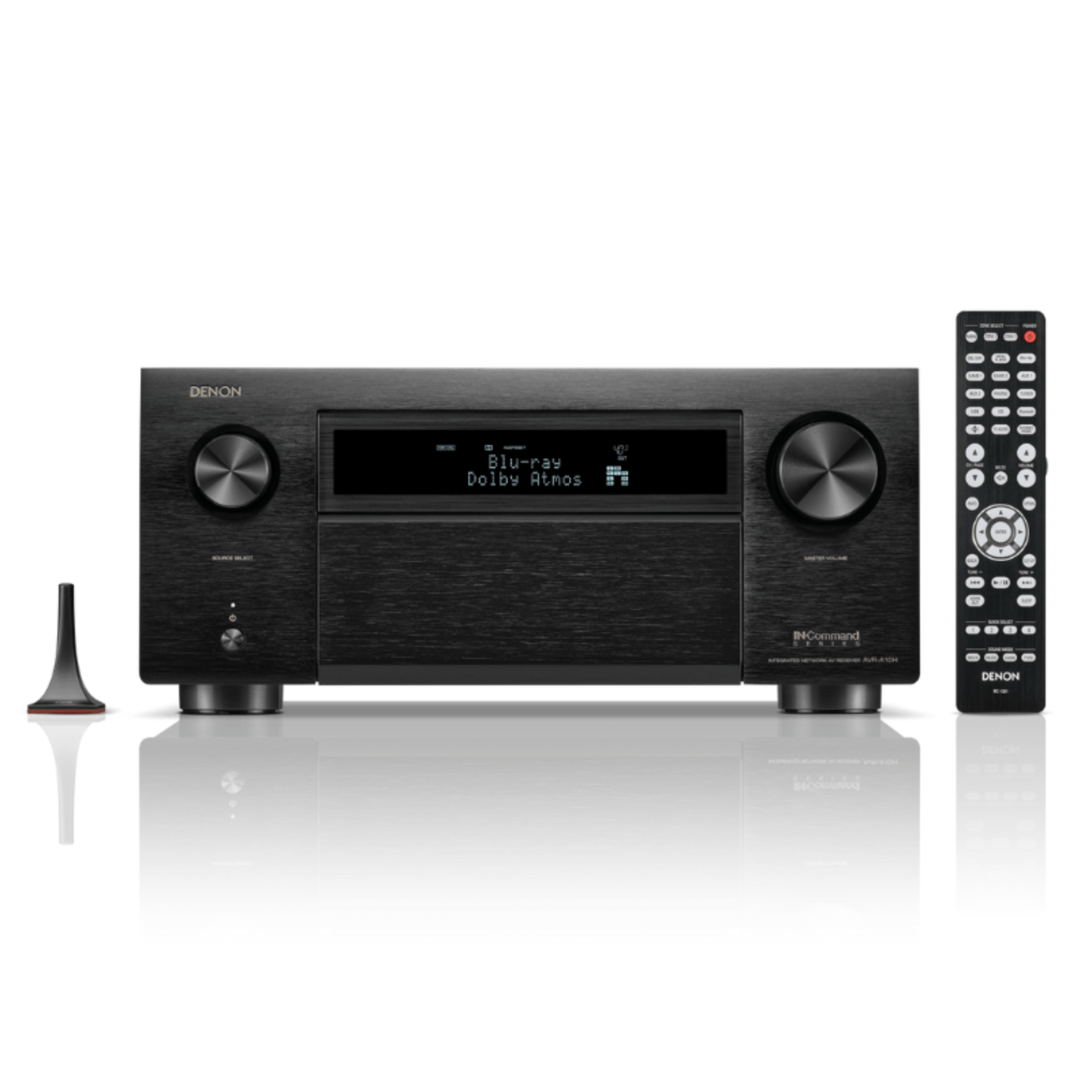 Black Denon avra10h Receiver with Remote front view