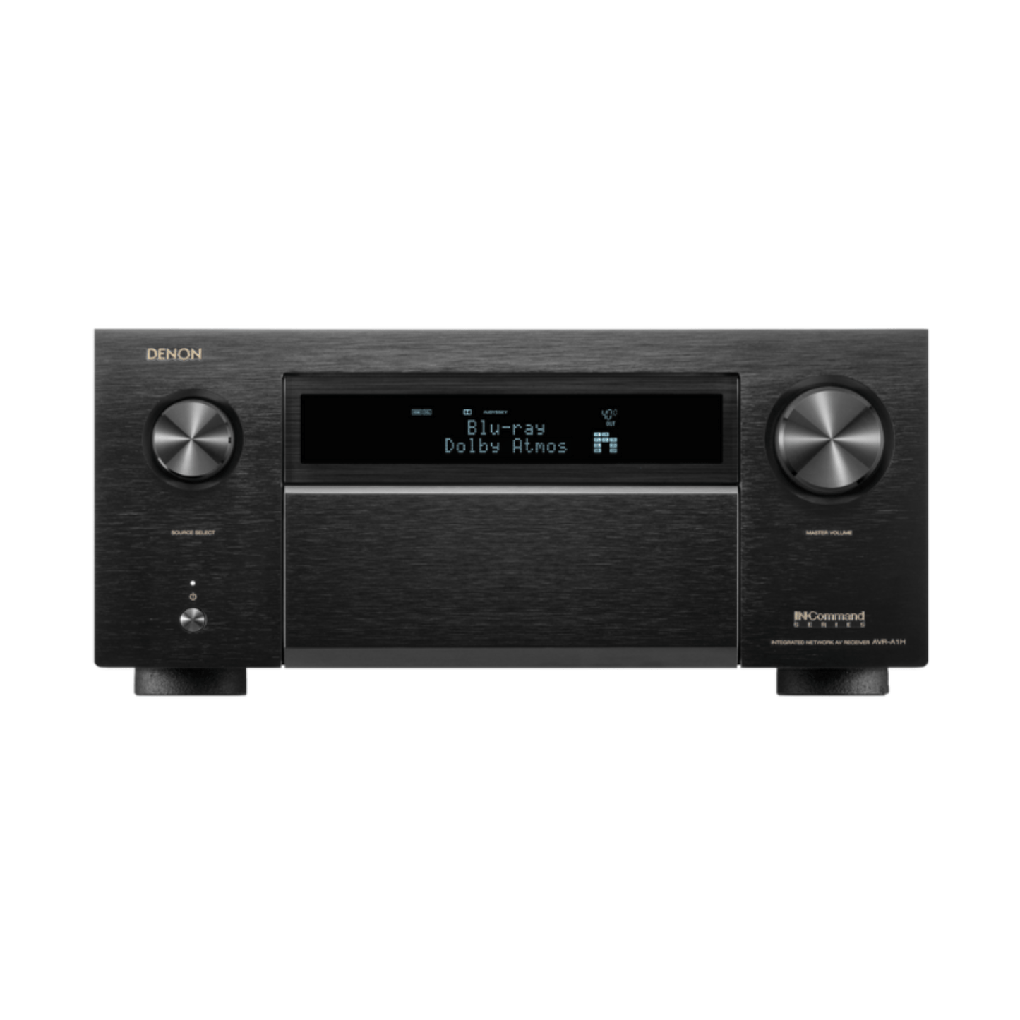 Black Denon audio receiver on a white background

