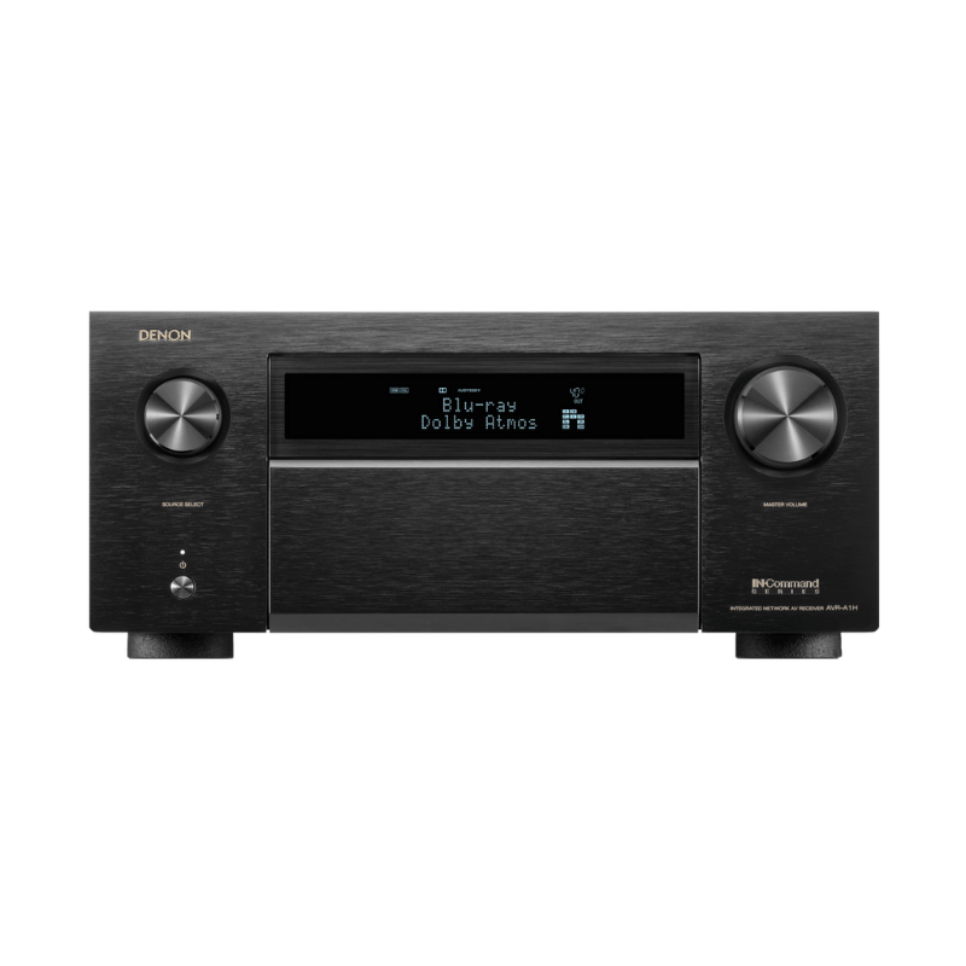 Black Denon audio receiver on a white background

