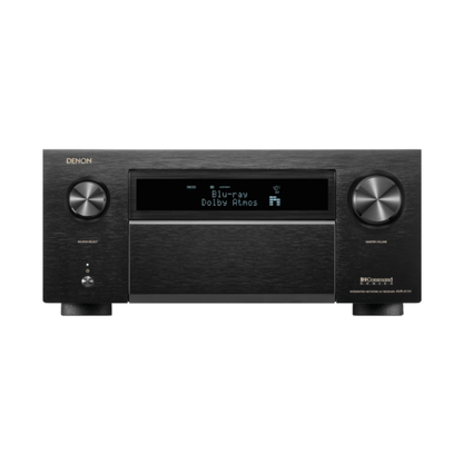 Black Denon audio receiver on a white background

